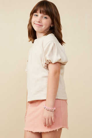 Girls' Box Pleat French Terry Puff Sleeve Top