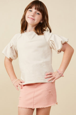 Girls' Box Pleat French Terry Puff Sleeve Top