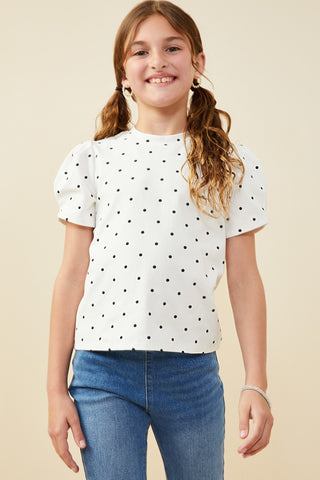 Girls' Polka Dot Puff Sleeve Tee – Soft Cotton Stretch