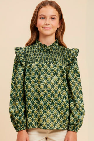 Girls Block Print Smocked Ruffle Top – Durable Tween Style