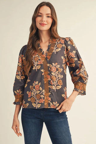 Mocha Floral Ruffle Blouse | 100% Pure Cotton