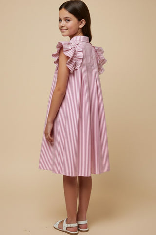 Girls' Preppy Pink Pinstripe Flutter Sleeve Pleated Dress-160 Dress/Romper/Jumpsuit-Hayden-Baby In Bloom