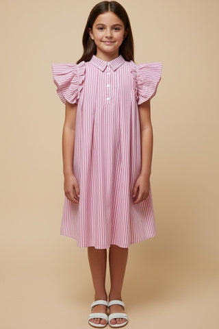 Girls' Preppy Pink Pinstripe Flutter Sleeve Pleated Dress-160 Dress/Romper/Jumpsuit-Hayden-Baby In Bloom