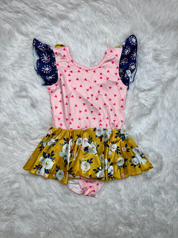 Mustard Floral Skirted Leotard