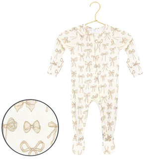 Isla Vintage Bow Bamboo Zip Footie – Ultra-Soft Baby Pajamas-110 Footie/pjs/coverall/gown-Lou Lou and Company-Baby In Bloom