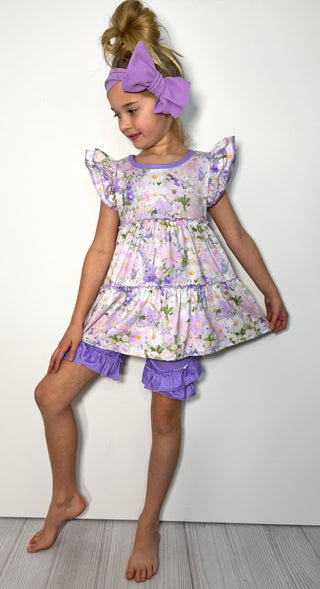 Lavender Garden Flutter Sleeve Floral Short Set
