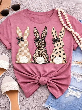 Leopard & Checkered Bunny Trio Easter Shirt – Trendy Mauve Graphic Tee-Distress-Trendy Chic-Baby In Bloom