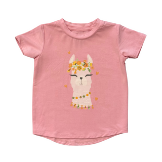 Girls' Boho Llama Flower Crown Tee – Ultra-Soft Pink Cotton Shirt-130 Kids Tops-Baby Sprouts-Baby In Bloom