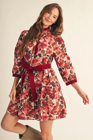 Autumn Rose 100% Cotton Floral Mini Dress with Tie-Waist