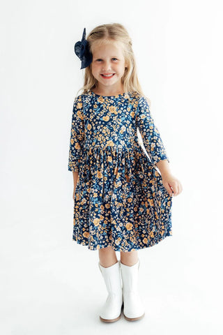 Marigold Moon 3/4 Sleeve Twirl Dress - Navy Floral with Pockets-160 Dress/Romper/Jumpsuit-Mila & Rose-Baby In Bloom