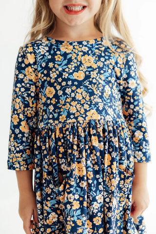 Marigold Moon 3/4 Sleeve Twirl Dress - Navy Floral with Pockets-160 Dress/Romper/Jumpsuit-Mila & Rose-Baby In Bloom