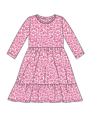 Mia Girls Pink Leopard Print Long Sleeve Tiered Dress