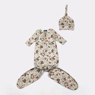 Neutral Muted Camo Knotted Baby Gown & Matching Hat Set-110 Footie/pjs/coverall/gown-Clover Cottage-Baby In Bloom