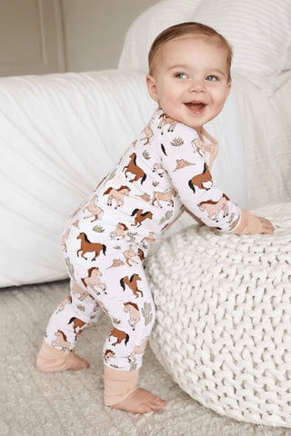 Pony Club Neutral Convertible Zip Romper – Ultra-Soft Horse Print Baby Footie-110 Footie/pjs/coverall/gown-Caden Lane-Baby In Bloom