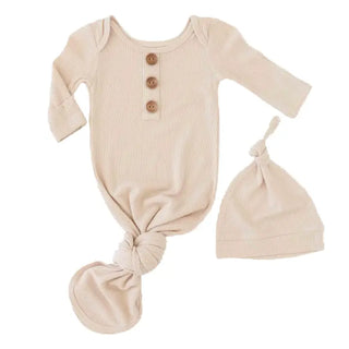 Oatmeal Knotted Gown and Hat-110 Footie/pjs/coverall/gown-Caden Lane-Baby In Bloom