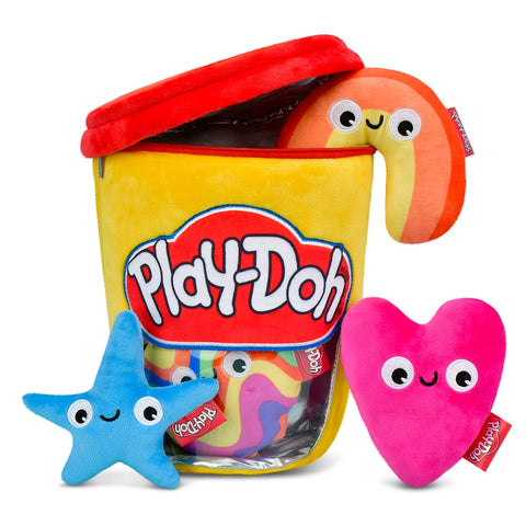 Play-Doh container with plush toys shaped like a starfish, heart, and flamingo on a white background.