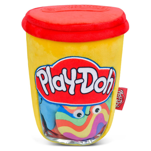 Play-Doh plushie container with red lid on a white background