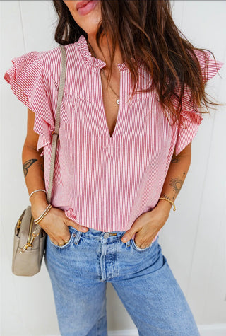 Striped Ruffle Sleeve Top, Red/White-210 Womens Top-Little Daisy Closet-Baby In Bloom