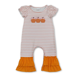 Pumpkin Bow Embroidery Striped Fall Ruffle Romper
