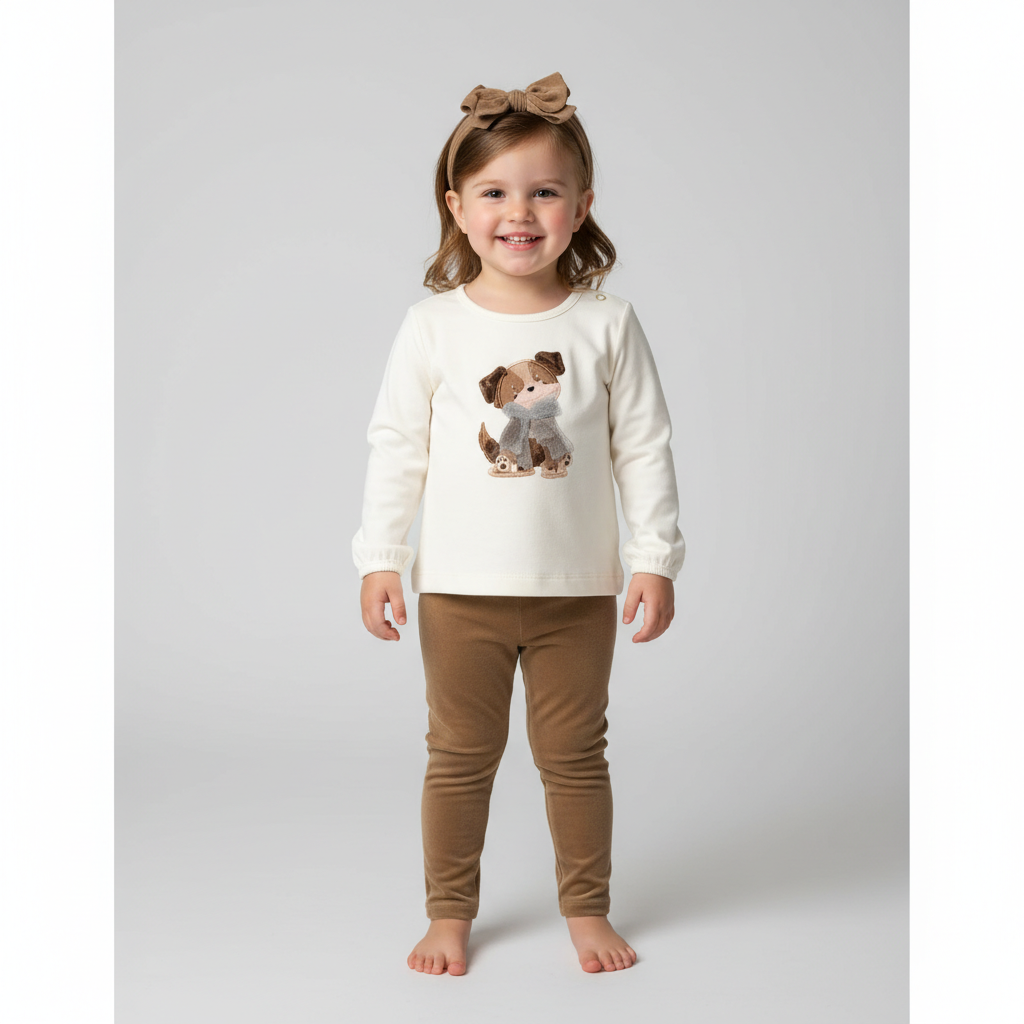 Ivory Long-Sleeve Puppy Appliqué Top