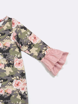 Rose Camo Floral Ruffle Romper – Durable Long Sleeve Baby One-Piece-160 Dress/Romper/Jumpsuit-Clover Cottage-Baby In Bloom