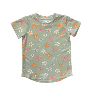 Retro Sketched Daisy Tee – Sage Green Floral Short Sleeve Shirt-130 Kids Tops-Baby Sprouts-Baby In Bloom