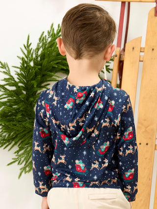 Boys Festive Reindeer Sleigh Ride Performance Hoodie-130 Kids Tops-Ruffle Butts-Baby In Bloom