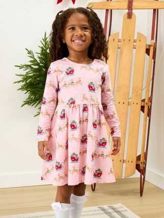 Sleigh Ride Long Sleeve Holiday Twirl Dress – Pink Reindeer-160 Dress/Romper/Jumpsuit-Ruffle Butts-Baby In Bloom