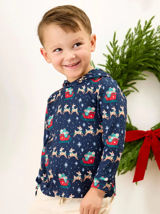 Boys Festive Reindeer Sleigh Ride Performance Hoodie-130 Kids Tops-Ruffle Butts-Baby In Bloom