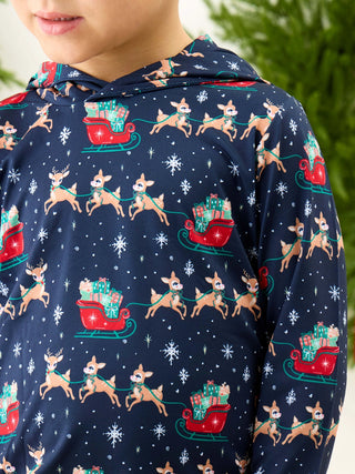 Boys Festive Reindeer Sleigh Ride Performance Hoodie-130 Kids Tops-Ruffle Butts-Baby In Bloom