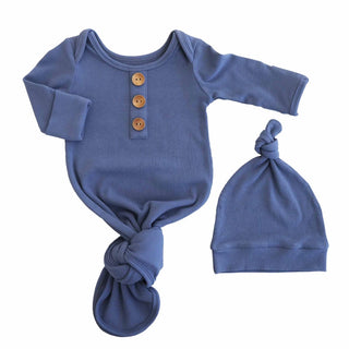 Steel Blue Knotted Gown and Hat-110 Footie/pjs/coverall/gown-Caden Lane-Baby In Bloom