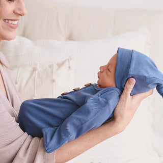 Steel Blue Knotted Gown and Hat-110 Footie/pjs/coverall/gown-Caden Lane-Baby In Bloom