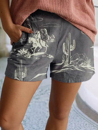 Wild West Graphic Shift Denim Shorts-220 Womens Bottoms-Little Daisy Closet-Baby In Bloom