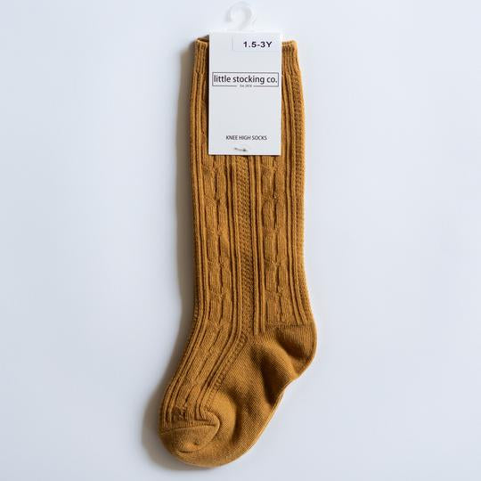 Cable Knit Knee High Socks - Mustard