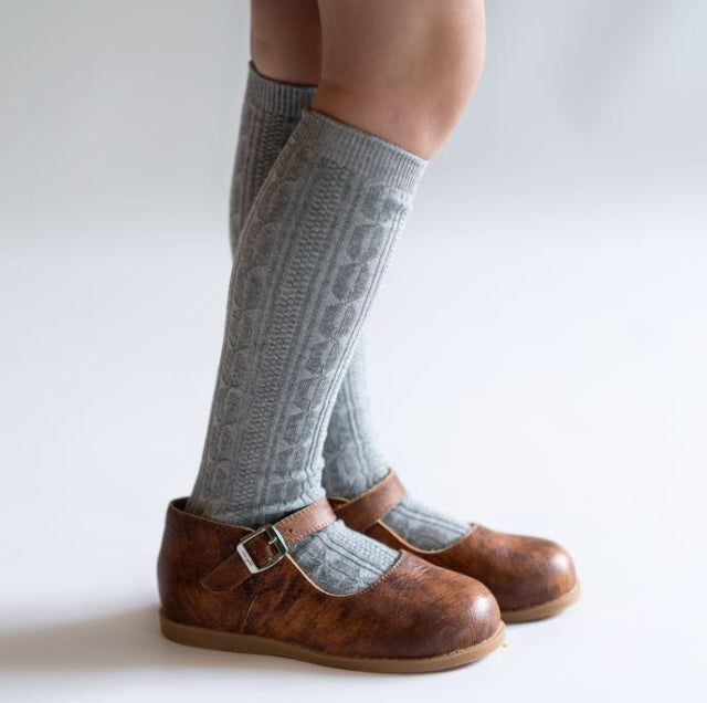 Cable Knit Knee High Socks - Grey