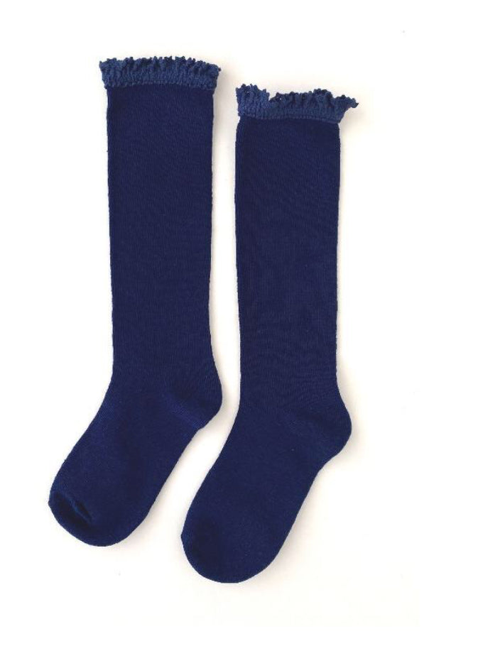 Lace Top Knee High Socks - Navy